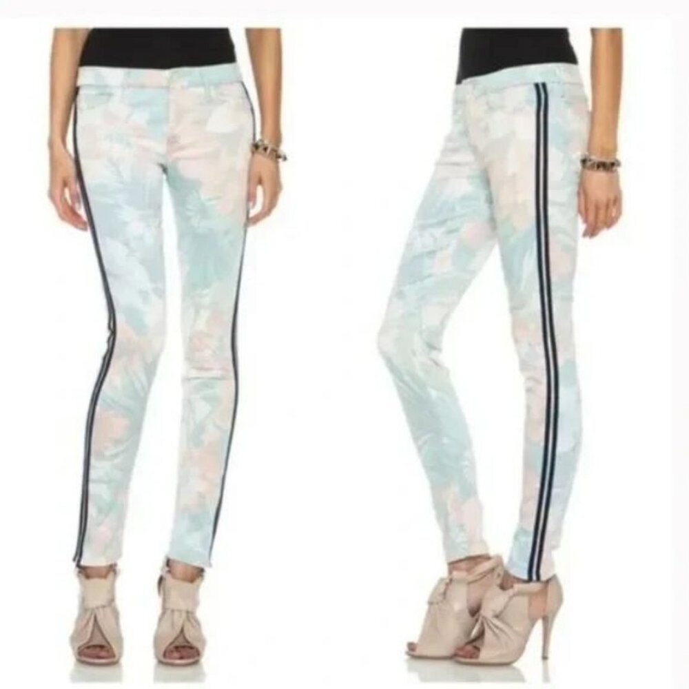 Mother Jeans The Looker Surf's Up Pastel Floral Navy Blue Pants Stripe